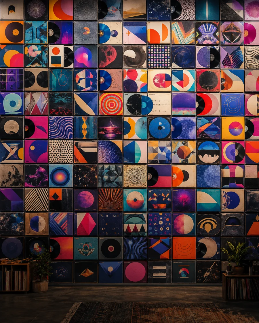 A gallery wall filled with colorful vinyl artwork