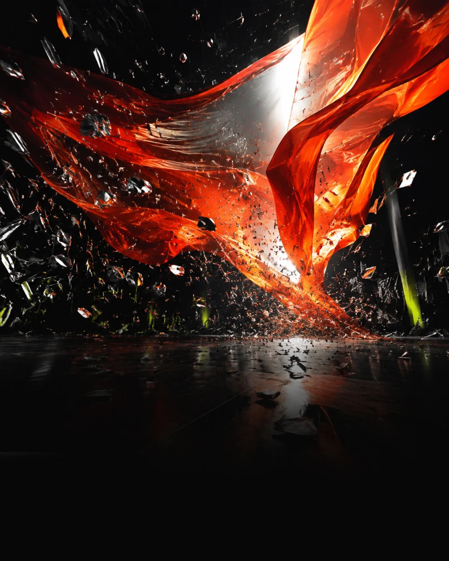 A cinematic red fabric wave surrounded by chrome fragments