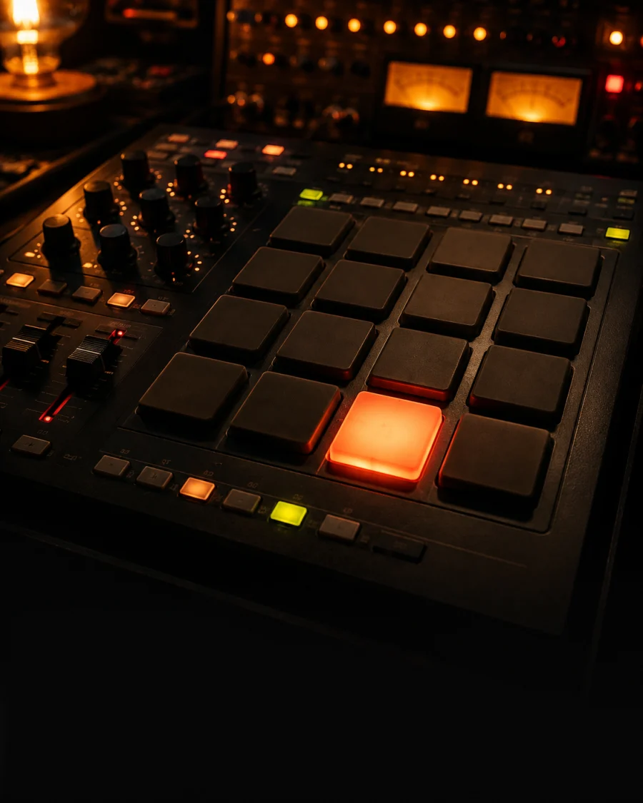 Tactile drum pads on a studio beat machine