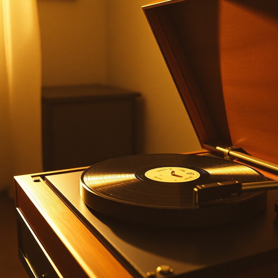 Warm record player artwork for Dusty Rhodes
